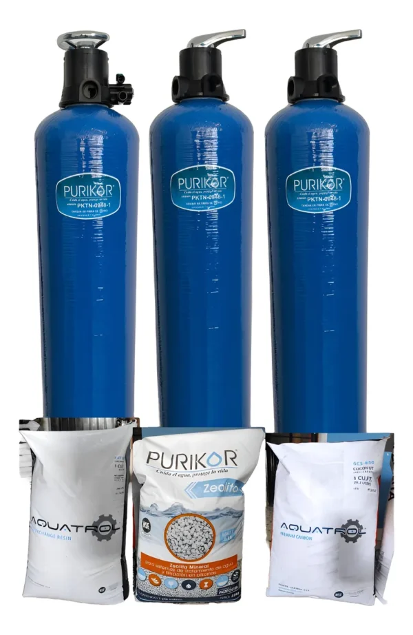 Tren Filtración 1.5ft Zeolita Carbón Resina Válvula Azul